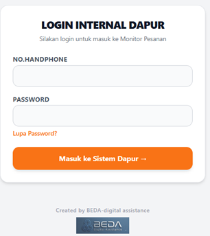 Tampilan Login Internal Dapur
